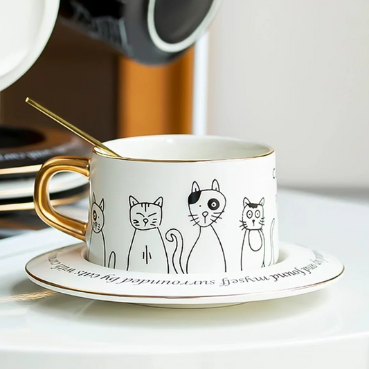 Taza de Cerámica Premium para Café Espresso, Americano, Té. Decorada con Caras de Gatos Curiosos. 250 ML. Blanco