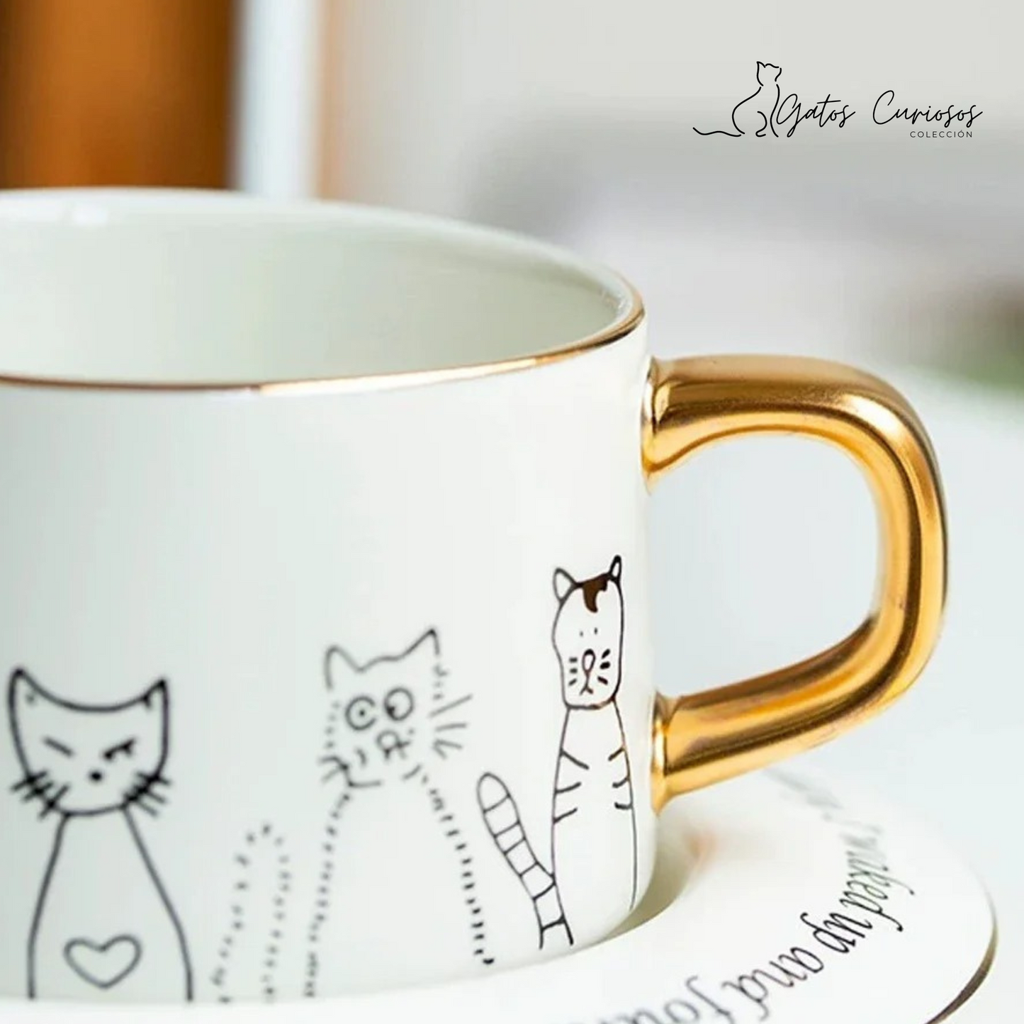 Taza de Cerámica Premium para Café Espresso, Americano, Té. Decorada con Caras de Gatos Curiosos. 250 ML. Blanco