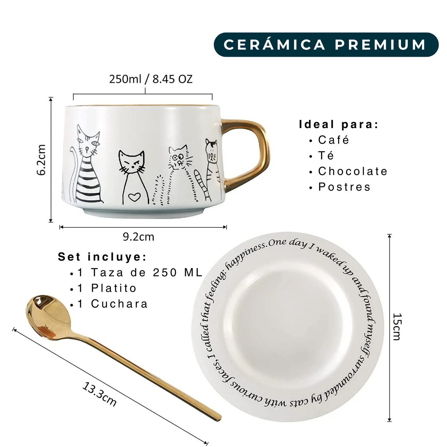 Taza de Cerámica Premium para Café Espresso, Americano, Té. Decorada con Caras de Gatos Curiosos. 250 ML. Blanco