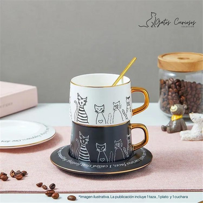 Taza de Cerámica Premium para Café Espresso, Americano, Té. Decorada con Caras de Gatos Curiosos. 250 ML. Blanco