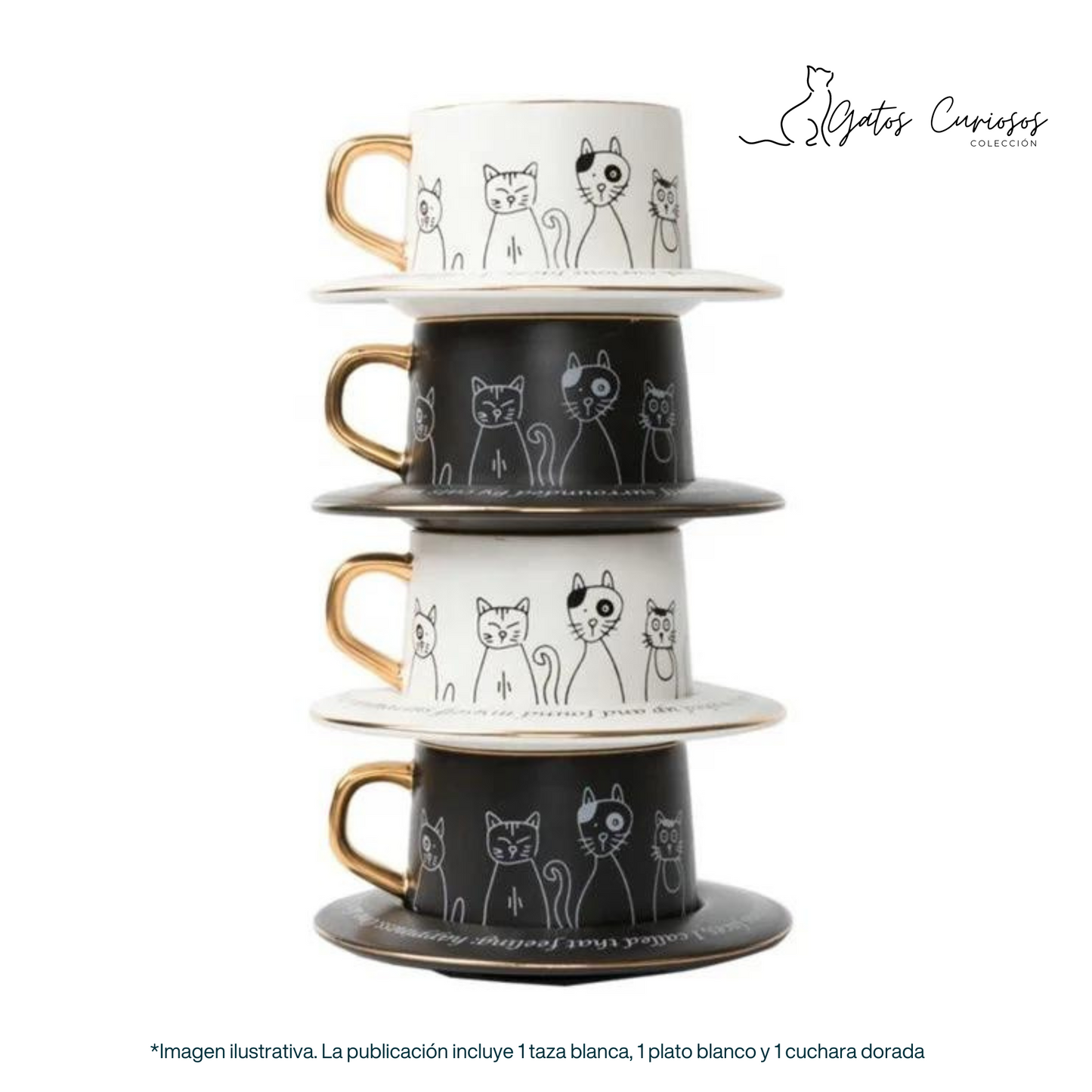 Taza de Cerámica Premium para Café Espresso, Americano, Té. Decorada con Caras de Gatos Curiosos. 250 ML. Blanco