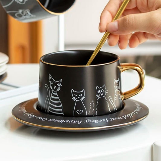 Taza de Cerámica Premium para Café Espresso, Americano, Té. Decorada con Caras de Gatos Curiosos. 250 ML. Negro