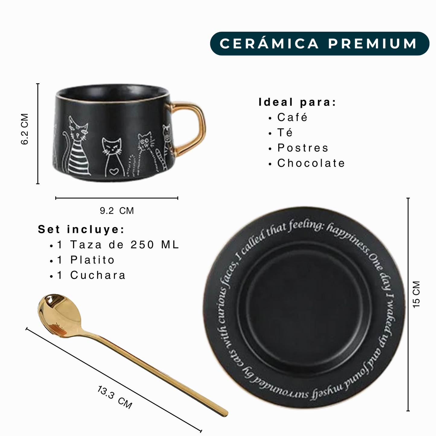 Taza de Cerámica Premium para Café Espresso, Americano, Té. Decorada con Caras de Gatos Curiosos. 250 ML. Negro