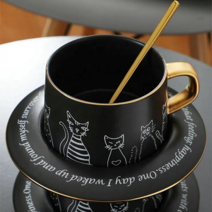 Taza de Cerámica Premium para Café Espresso, Americano, Té. Decorada con Caras de Gatos Curiosos. 250 ML. Negro