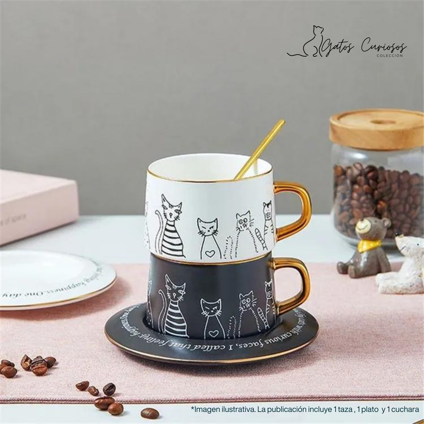 Taza de Cerámica Premium para Café Espresso, Americano, Té. Decorada con Caras de Gatos Curiosos. 250 ML. Negro