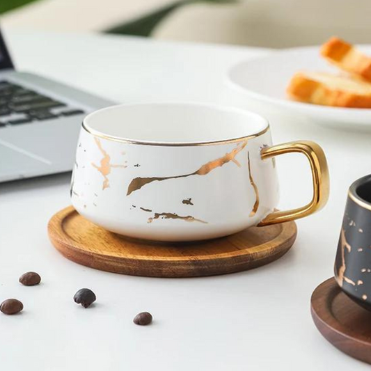 Taza de Mármol para Café Espresso, Americano, Capuchino, Té, Chocolate. Set de Taza de Cerámica y Plato de Bambú. Color Blanco. 350 ml