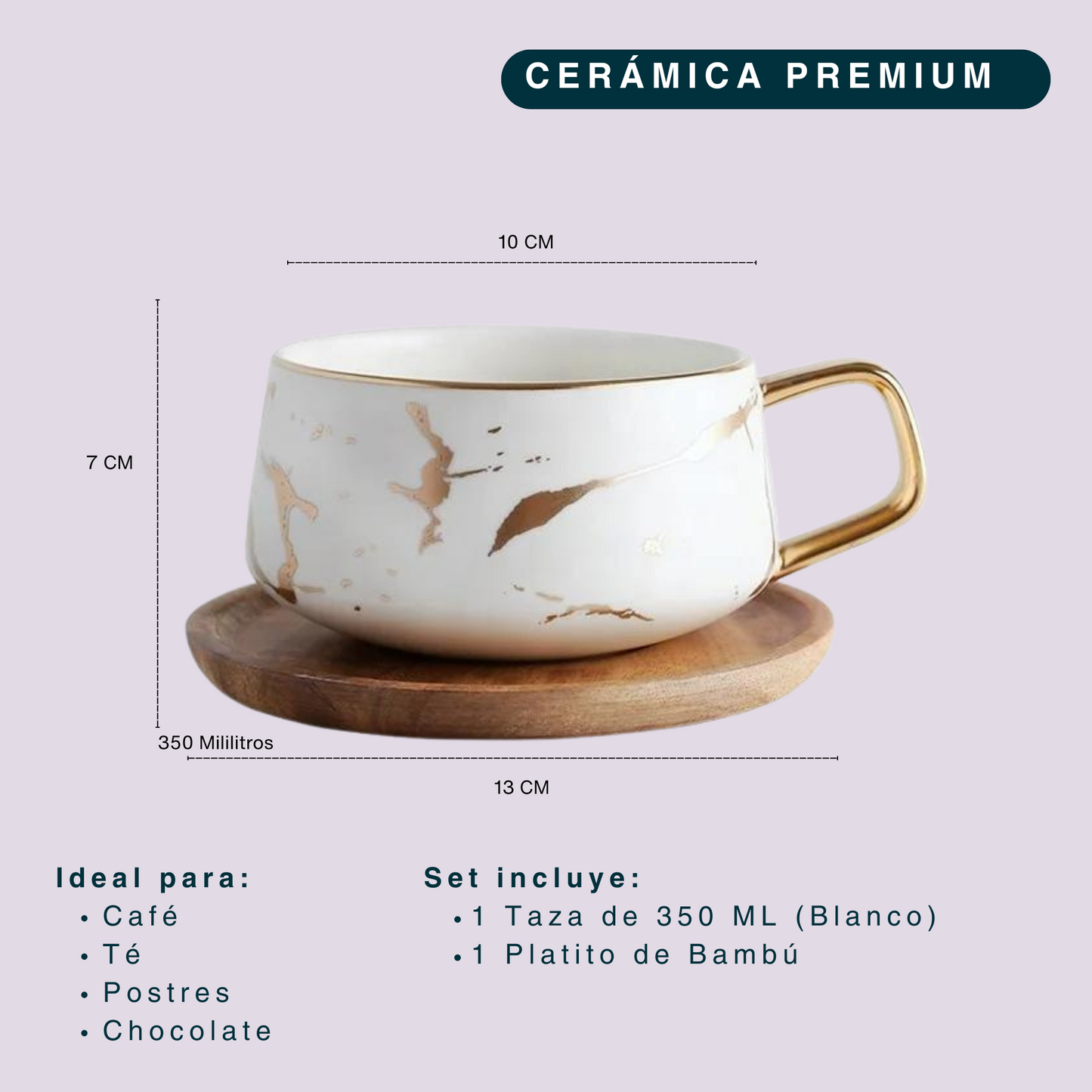 Taza de Mármol para Café Espresso, Americano, Capuchino, Té, Chocolate. Set de Taza de Cerámica y Plato de Bambú. Color Blanco. 350 ml