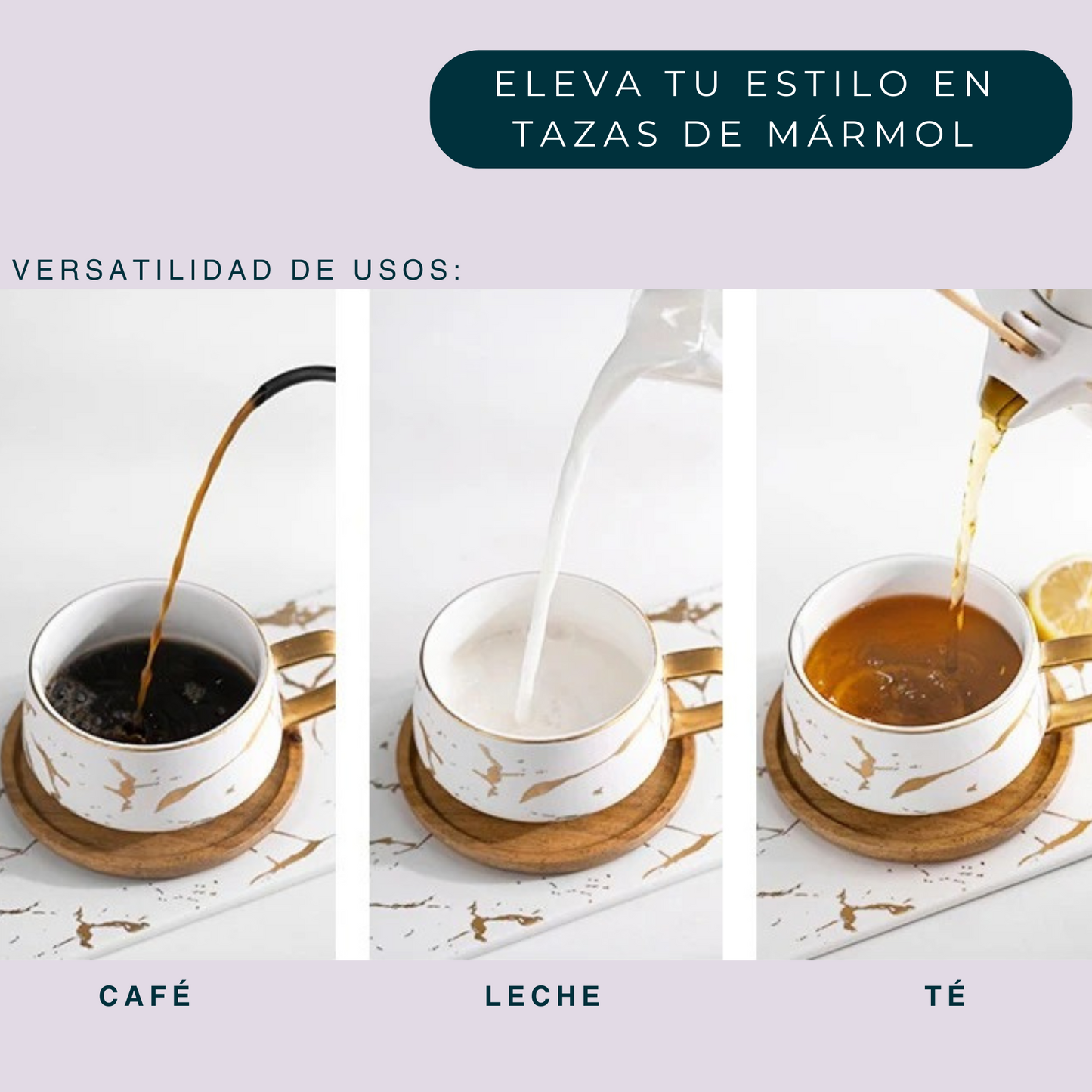 Taza de Mármol para Café Espresso, Americano, Capuchino, Té, Chocolate. Set de Taza de Cerámica y Plato de Bambú. Color Blanco. 350 ml