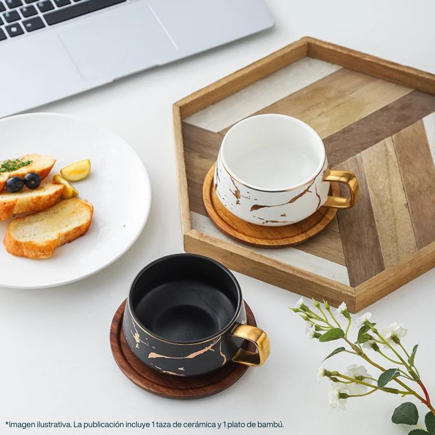 Taza de Mármol para Café Espresso, Americano, Capuchino, Té, Chocolate. Set de Taza de Cerámica y Plato de Bambú. Color Blanco. 350 ml