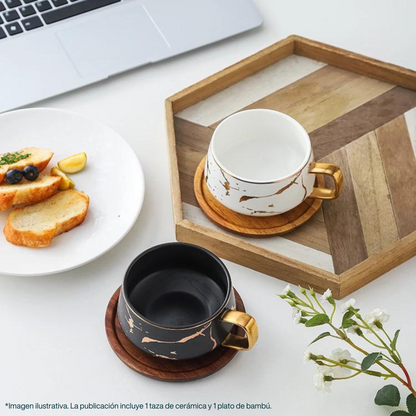 Taza de Mármol para Café Espresso, Americano, Capuchino, Té, Chocolate. Set de Taza de Cerámica y Plato de Bambú. Color Blanco. 350 ml