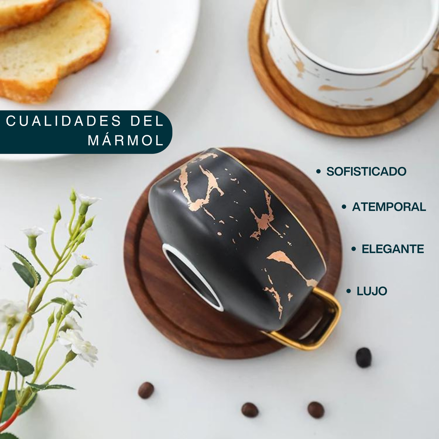 Taza de Mármol para Café Espresso, Americano, Capuchino, Té, Chocolate. Set de Taza de Cerámica y Plato de Bambú. Color Negro. 350 ml