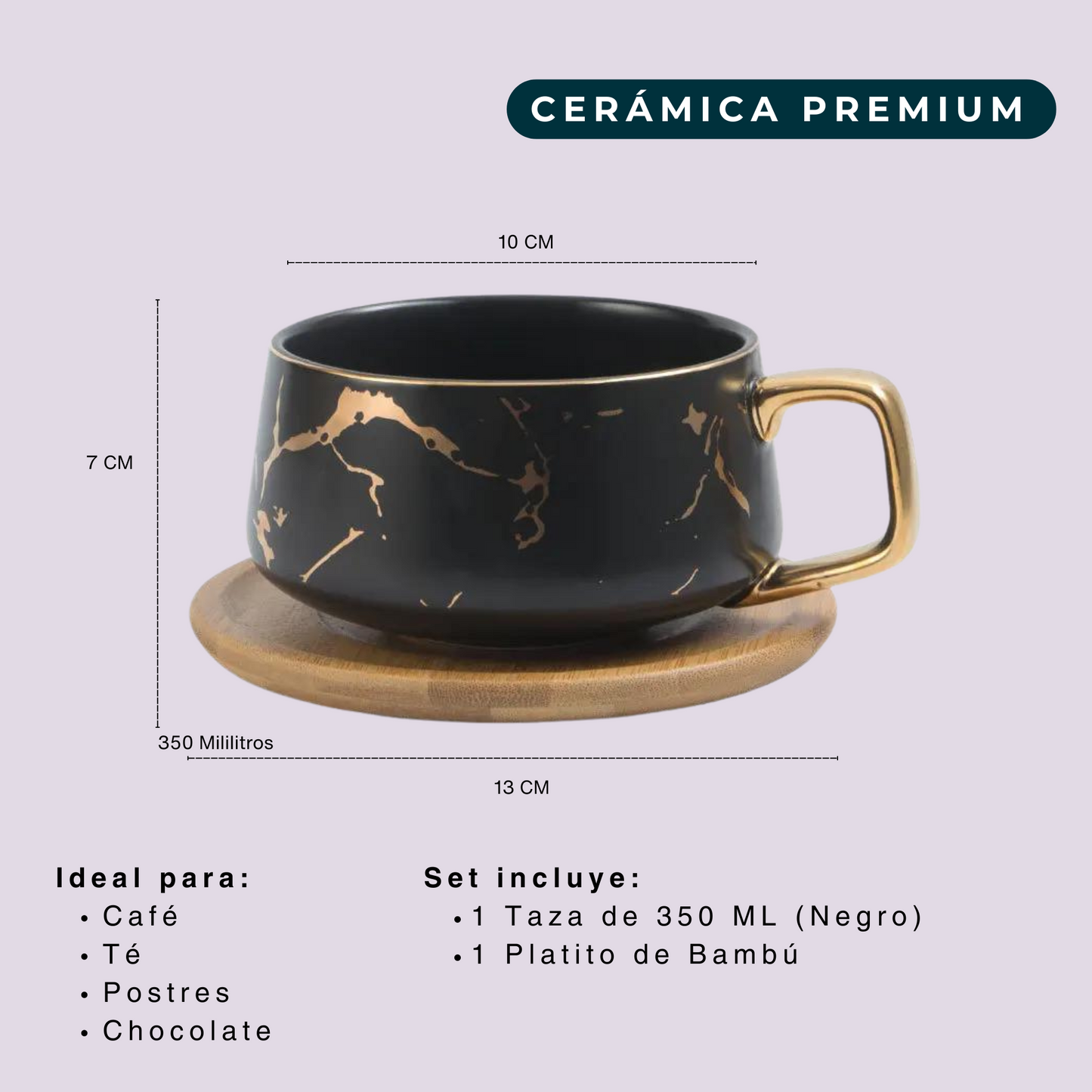 Taza de Mármol para Café Espresso, Americano, Capuchino, Té, Chocolate. Set de Taza de Cerámica y Plato de Bambú. Color Negro. 350 ml