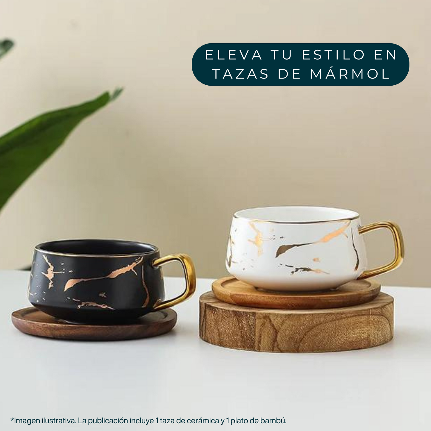 Taza de Mármol para Café Espresso, Americano, Capuchino, Té, Chocolate. Set de Taza de Cerámica y Plato de Bambú. Color Negro. 350 ml