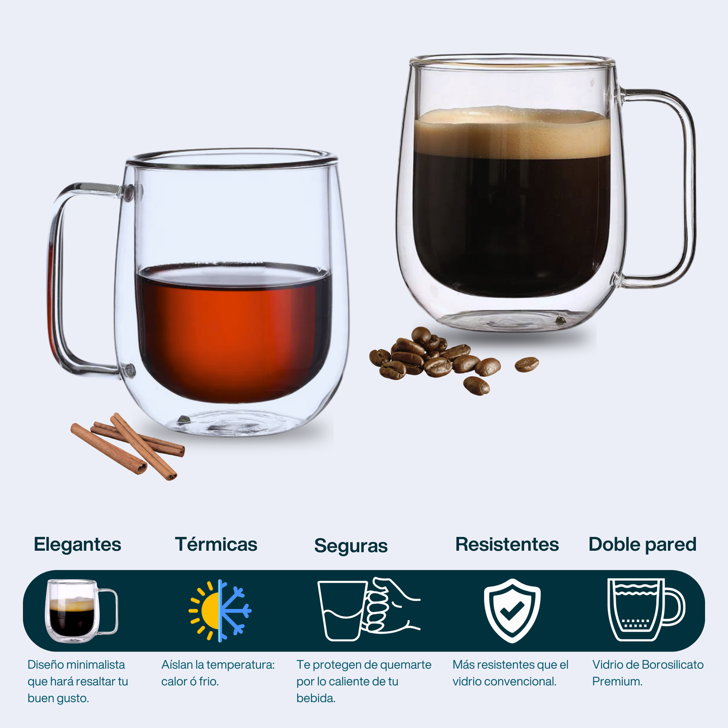 Tazas Transparentes Doble Pared para Café Espresso, Americano, Capuchino, Té. Set de 2 tazas de 300 ml