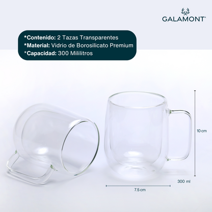 Tazas Transparentes Doble Pared para Café Espresso, Americano, Capuchino, Té. Set de 2 tazas de 300 ml