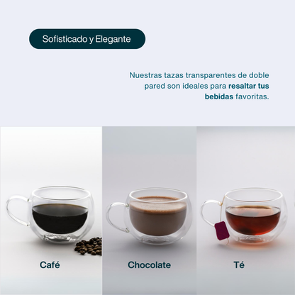 Tazas Transparentes Doble Pared para Café Espresso, Americano, Capuchino, Chocolate, Té. Set de 2 Tazas de 300 ml