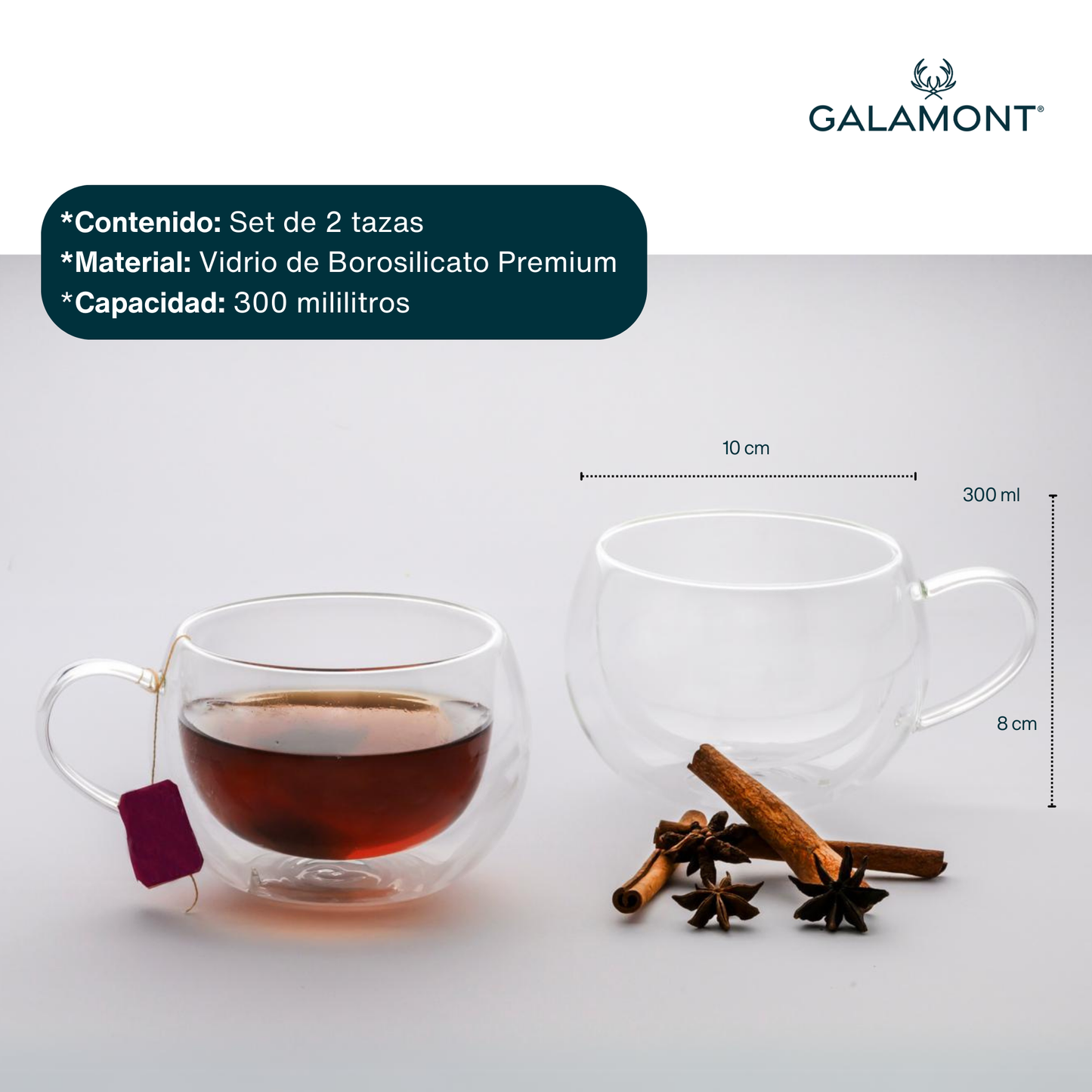 Tazas Transparentes Doble Pared para Café Espresso, Americano, Capuchino, Chocolate, Té. Set de 2 Tazas de 300 ml