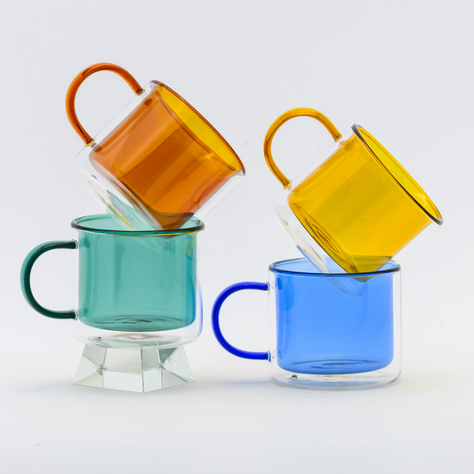 Tazas Transparentes Coloridas para Café, Té, Leche. Set de 4 tazas de 300 ml. Ámbar, Azul, Amarillo y Verde.