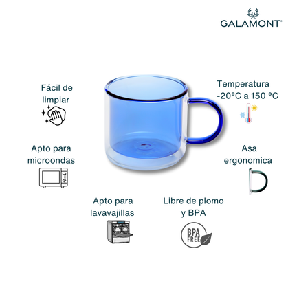 Tazas Transparentes Coloridas para Café, Té, Leche. Set de 4 tazas de 300 ml. Ámbar, Azul, Amarillo y Verde.