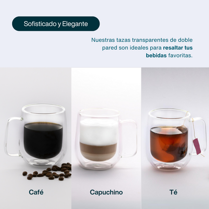 Tazas Transparentes Doble Pared para Café Espresso, Americano, Capuchino, Té. Set de 2 tazas de 300 ml