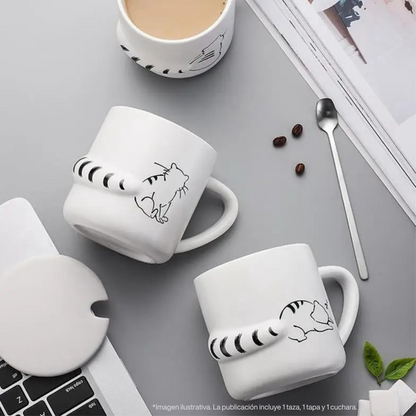 Taza para Café, Té, Leche con Figuras de Gatos Distraidos. Taza Elegante y Minimalista para Hogar y Oficina. Taza de Cerámica Premium, 350 ml.