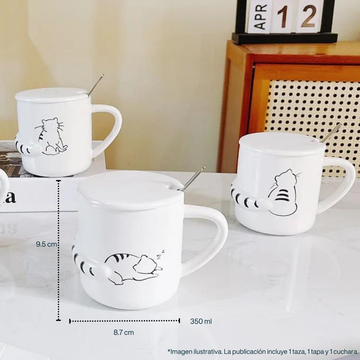 Taza para Café, Té, Leche con Figuras de Gatos Distraidos. Taza Elegante y Minimalista para Hogar y Oficina. Taza de Cerámica Premium, 350 ml.