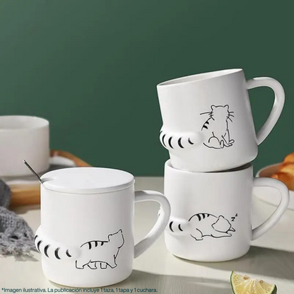 Taza para Café, Té, Leche con Figuras de Gatos Distraidos. Taza Elegante y Minimalista para Hogar y Oficina. Taza de Cerámica Premium, 350 ml.