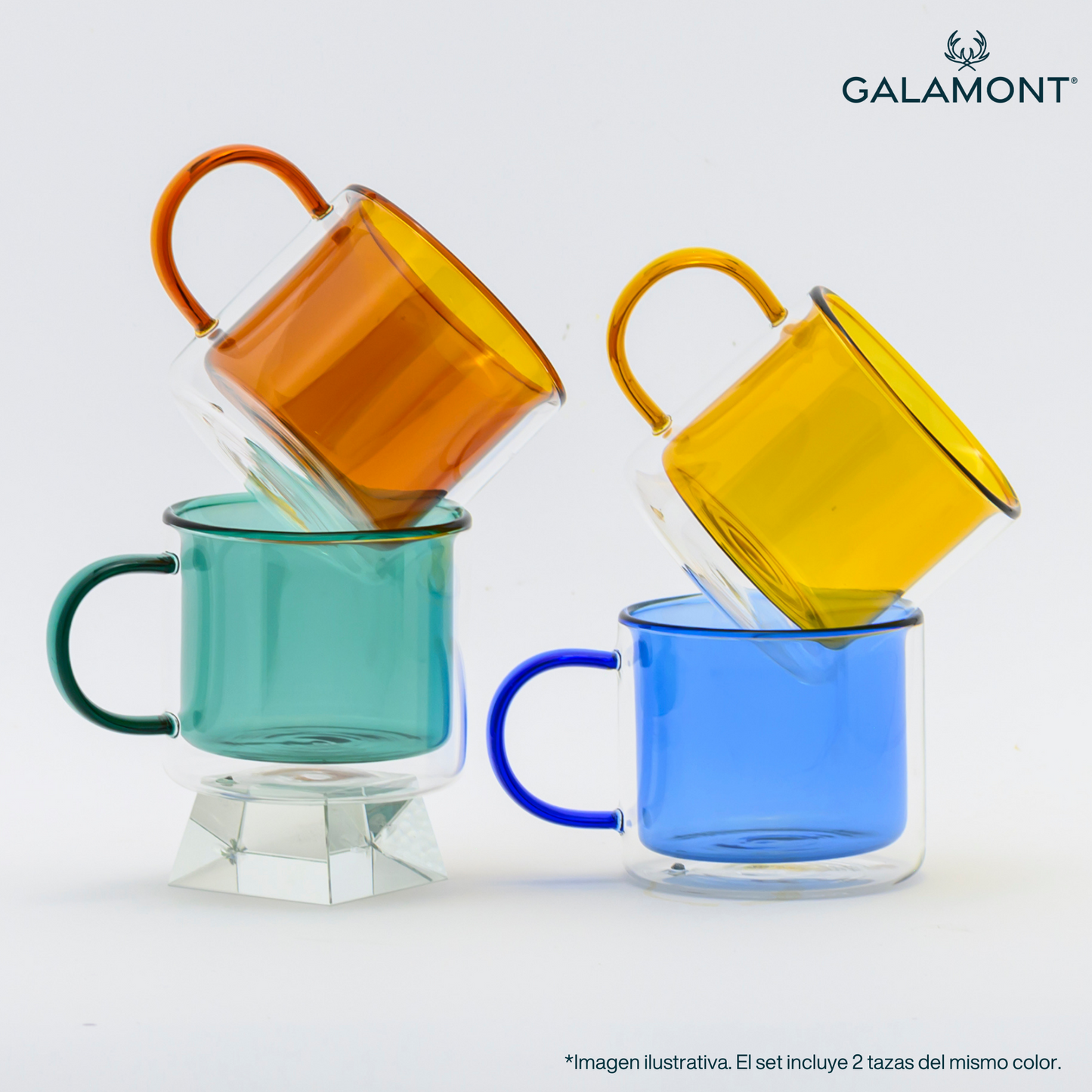 Tazas Transparentes Coloridas para Café, Té, Leche. Set de 2 tazas de 300 ml. Color Amarillo