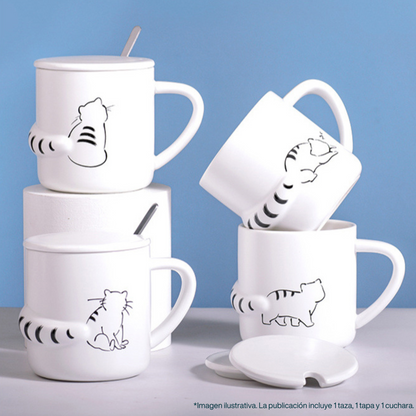 Taza para Café, Té, Leche con Figuras de Gatos Distraidos. Taza Elegante y Minimalista para Hogar y Oficina. Taza de Cerámica Premium, 350 ml.