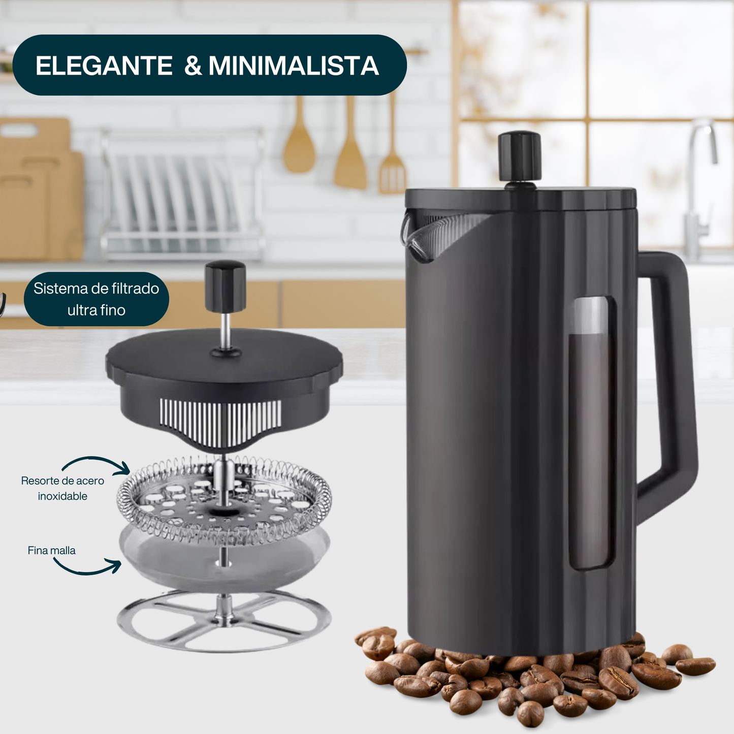 Prensa Francesa para Café, Té. Jarra de Vidrio de Borosilicato con Carcasa Sintética. Negro Mate. Capacidad 1,000 ml.