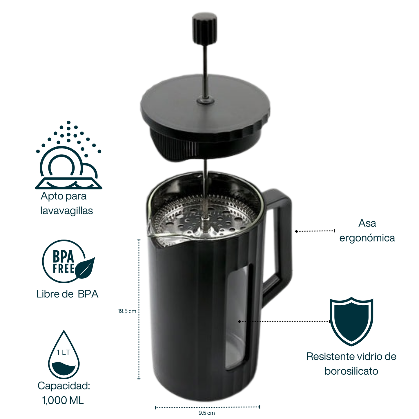 Prensa Francesa para Café, Té. Jarra de Vidrio de Borosilicato con Carcasa Sintética. Negro Mate. Capacidad 1,000 ml.