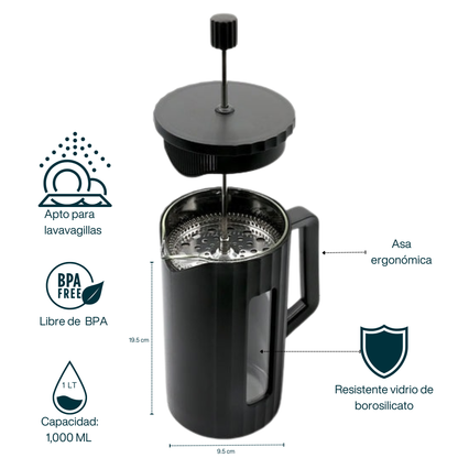 Prensa Francesa para Café, Té. Jarra de Vidrio de Borosilicato con Carcasa Sintética. Negro Mate. Capacidad 1,000 ml.