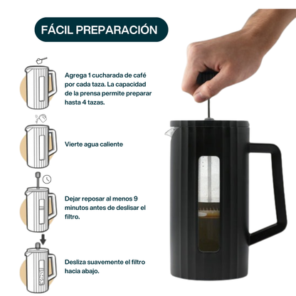 Prensa Francesa para Café, Té. Jarra de Vidrio de Borosilicato con Carcasa Sintética. Negro Mate. Capacidad 1,000 ml.