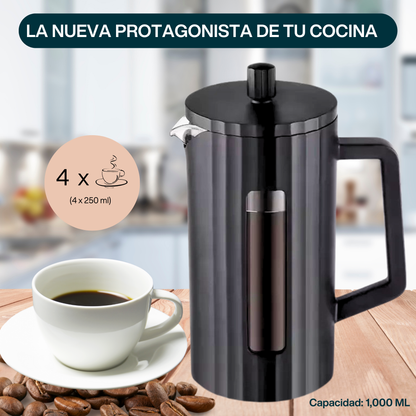 Prensa Francesa para Café, Té. Jarra de Vidrio de Borosilicato con Carcasa Sintética. Negro Mate. Capacidad 1,000 ml.