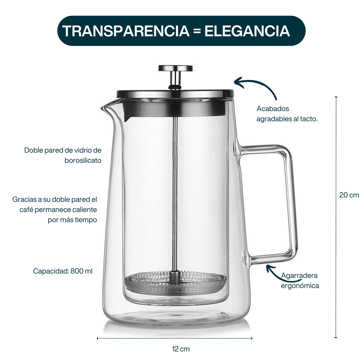 Prensa Francesa para Café, Té. Doble Pared de Vidrio de Borosilicato. Prensa Transparente. Capacidad 800 ml.