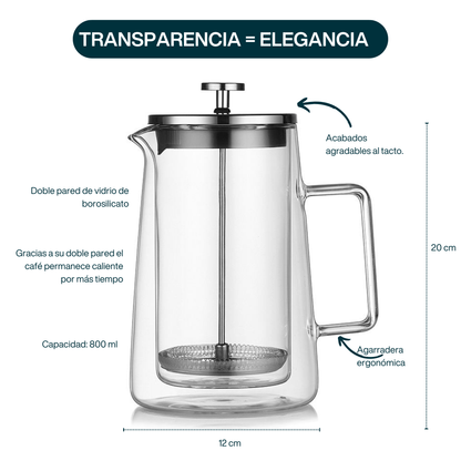 Prensa Francesa para Café, Té. Doble Pared de Vidrio de Borosilicato. Prensa Transparente. Capacidad 800 ml.